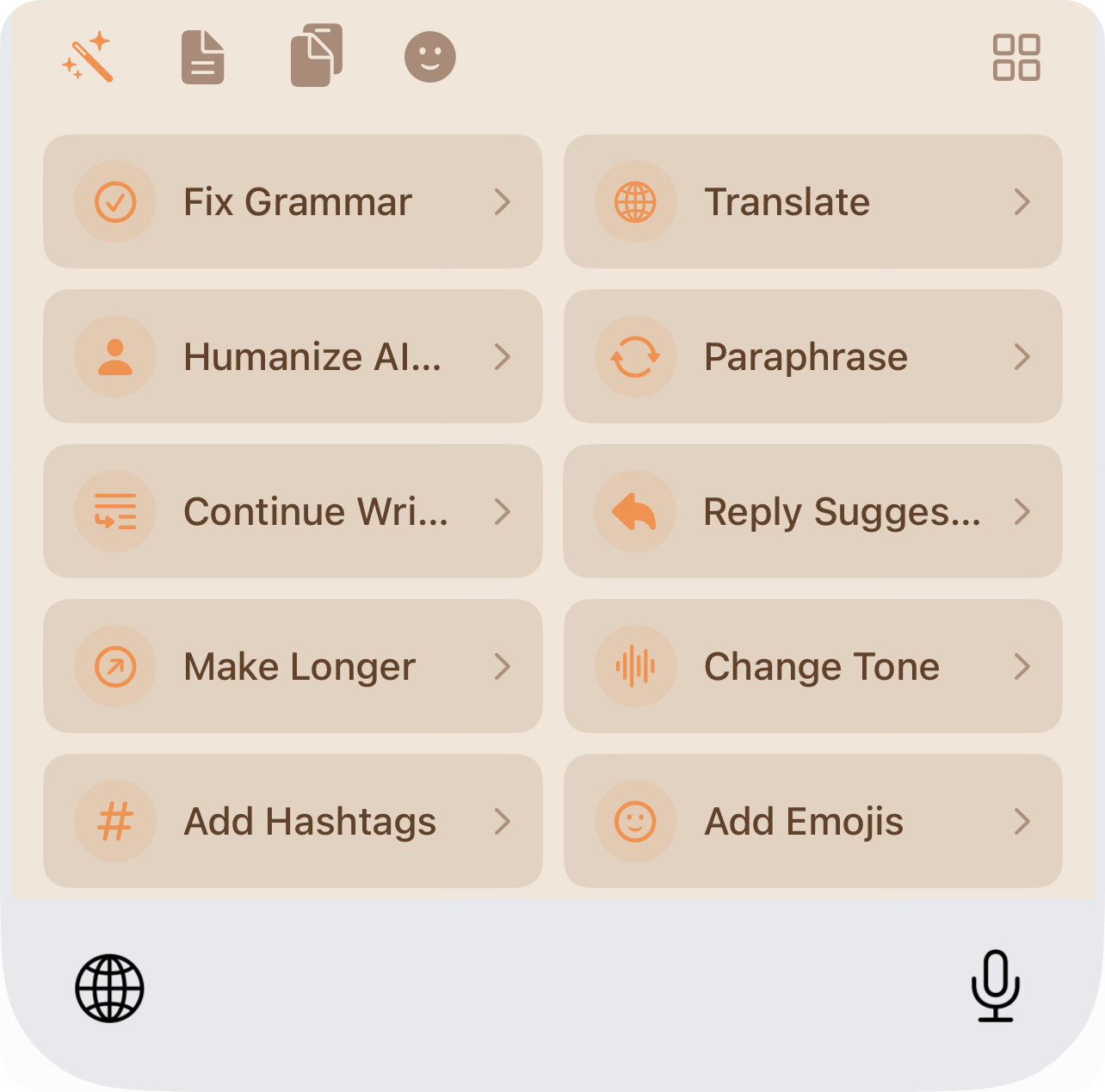 TextActions AI features grid showing 10 text transformation actions including grammar fix, translation, and tone adjustment