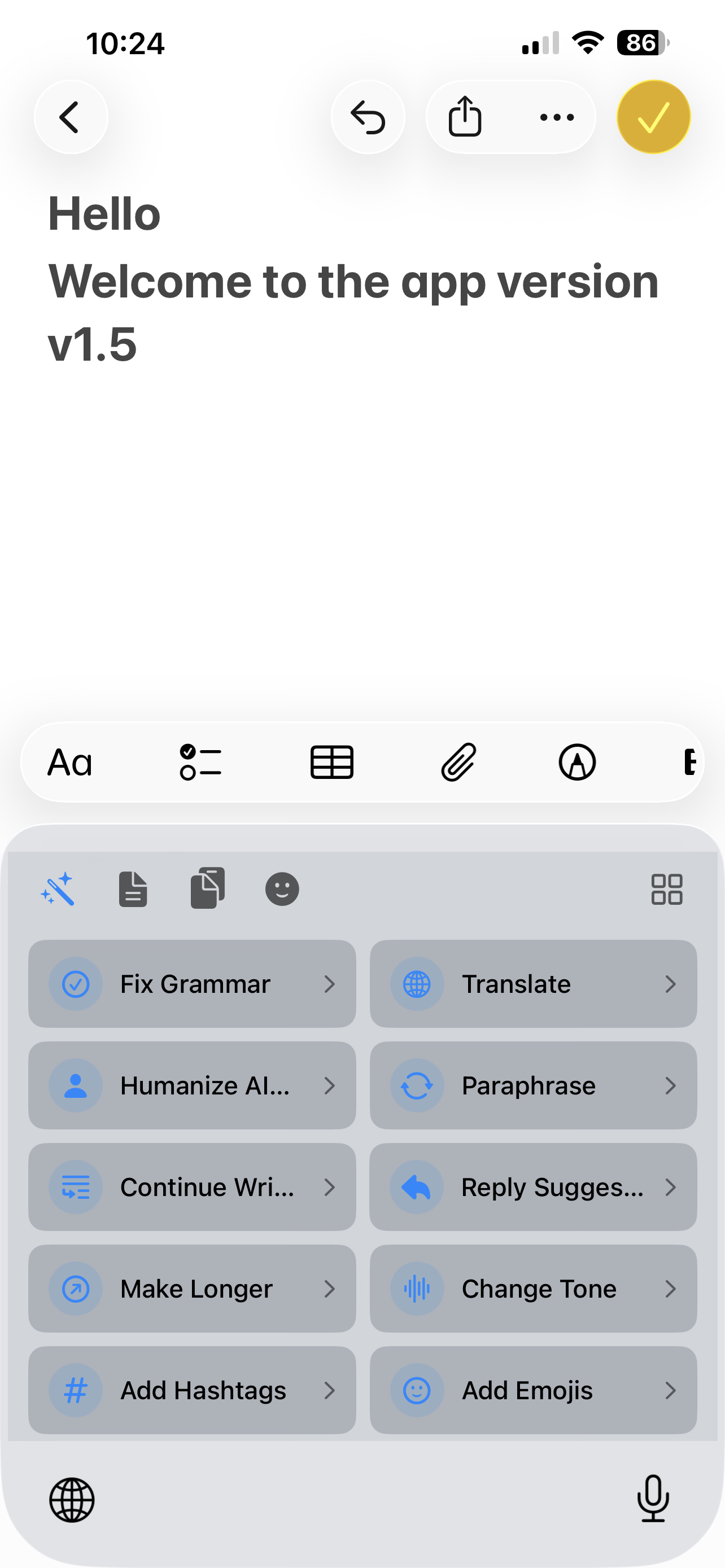 TextActions keyboard showing AI actions menu with Fix Grammar, Translate, Paraphrase and more options in a Notes app