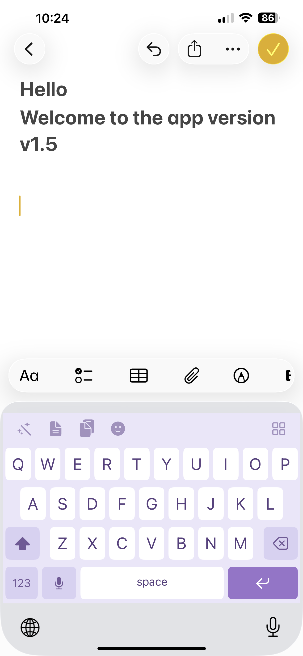 TextActions keyboard with purple theme showing customizable keyboard layout in iOS Notes app